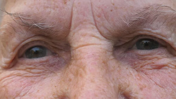 Portret Starszej Babci Spogląda Kamerę Smutnym Widokiem Zamknij Szare Oczy — Zdjęcie stockowe