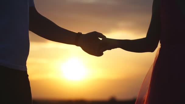Sylwetka męskich i żeńskich dłoni trzymających się przy zachodzie słońca. Młoda para okazuje uczucia na świeżym powietrzu. Koncepcja miłości i szczęścia. Para ciesząca się piękną romantyczną chwilą — Wideo stockowe