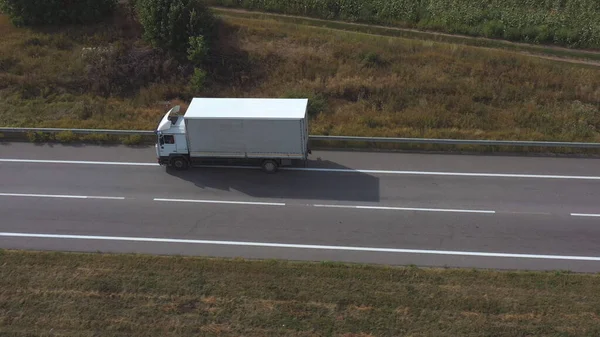 Aerial Shot Truck Cargo Trailer Driving Empty Straight Road Flying — Stock Photo, Image