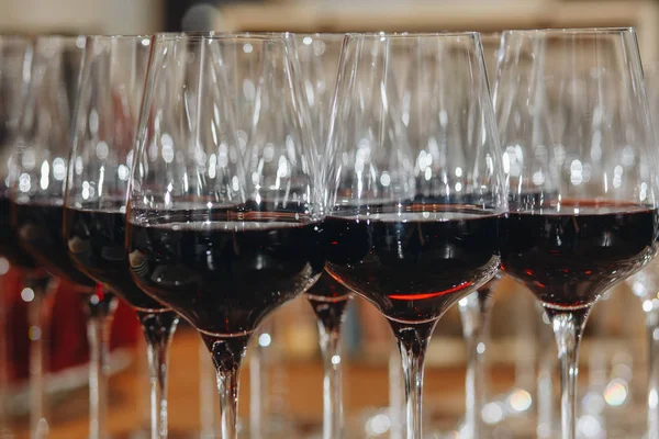 バーのカウンターで行に異なるワインの多くのグラス — ストック写真