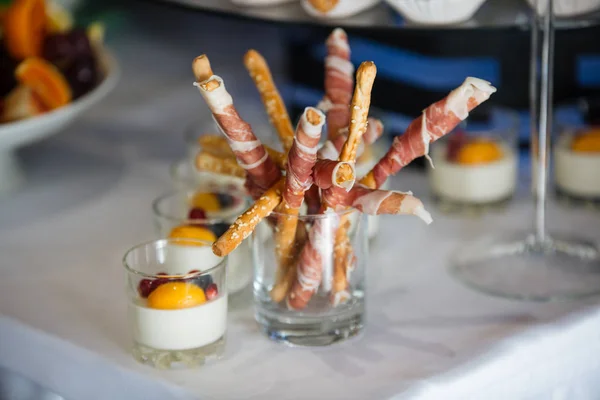 Bread Sticks Prosciutto Delicious Food Catering Wine Snack Appetizer Cold — Stock Photo, Image