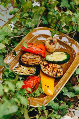 Kahverengi bir seramik tabakta bitki arka planında ızgara lezzetli sebzeler.