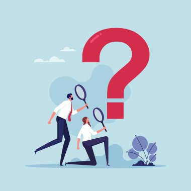 Problem analizi ya da problem yönetimi kavramı, büyüteçle iş ekibi soru işaretlerini analiz eder, analiz eder ya da araştırma yapar, çözüm bulur 