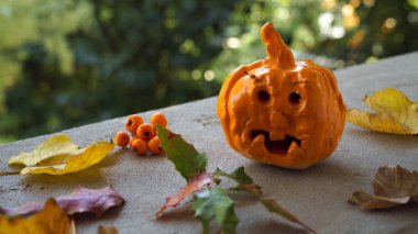 Seramik el yapımı bebek craft düşüş tanem ile sonbahar kompozisyon bırakır ve turuncu ve sarı renkler üzerinde meyveleri. Mutlu Şükran günü tasarım.
