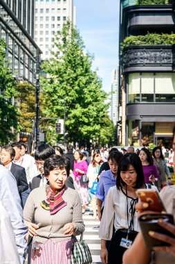 Tokyo, Japonya 10.02.2018 kalabalık vatandaşların ve turistlerin iş ve rahat kıyafetler karşıya popüler Ginza bölgesinde City Tokyo, Japonya