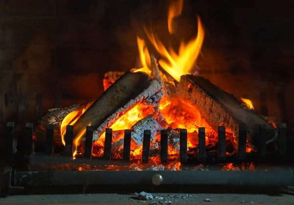 Vedeldning Mysig Öppen Spis Hemma Inre Eldstad Som Möbel Jul — Stockfoto