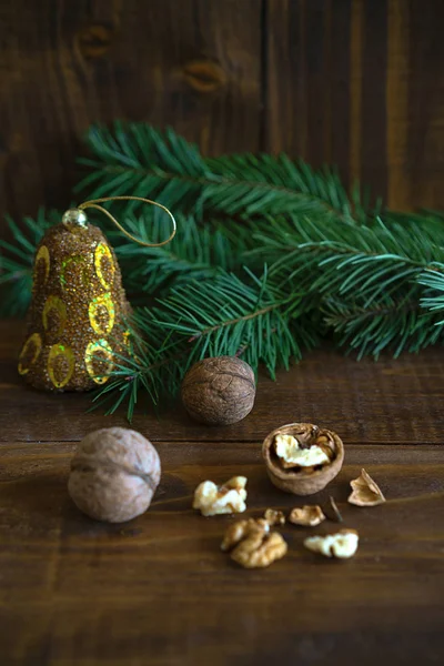 Rustykalne tło z orzechami z powłoki, jodła gałęzi drzewa i spreparowany świątecznych dekoracji. można go używać z życzeniami lub kuponu. Kopiować miejsca na tekst. Koncepcja natura nowy rok. — Zdjęcie stockowe