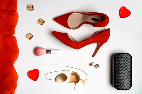 Top View Valentines Day Party Outfit Composition Red Shoes Accessories — стоковое фото