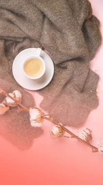 Rus yün şal kahve ile kalpleri içinde ve renk üzerinde pamuk Şubesi yıl 2019 yaşayan mercan arka plan ile. Blogger için romantik kış konsepti. Üstten görünüm, kopya alanı.