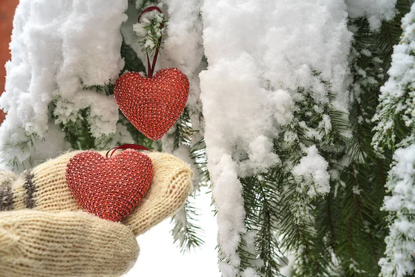 Dwa czerwone włókienniczych serca i ręce na tle oddział ciężkich ośnieżone jodły, w pobliżu Dom z czerwonej cegły. Wesołych Świąt, szczęśliwego nowego roku i Walentynki pozdrowienie składu, Koral kolor serca — Zdjęcie stockowe