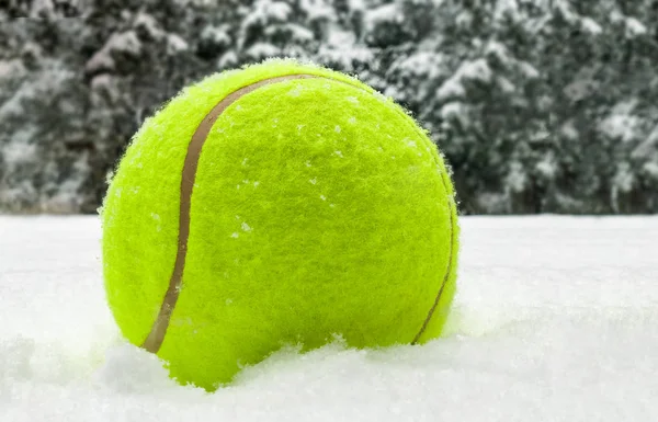 Boże Narodzenie piłki na śniegu na tle drzew Boże Narodzenie i spadające płatki śniegu kart sportowych. Wesołych Świąt i szczęśliwego nowego roku koncepcja tenis — Zdjęcie stockowe