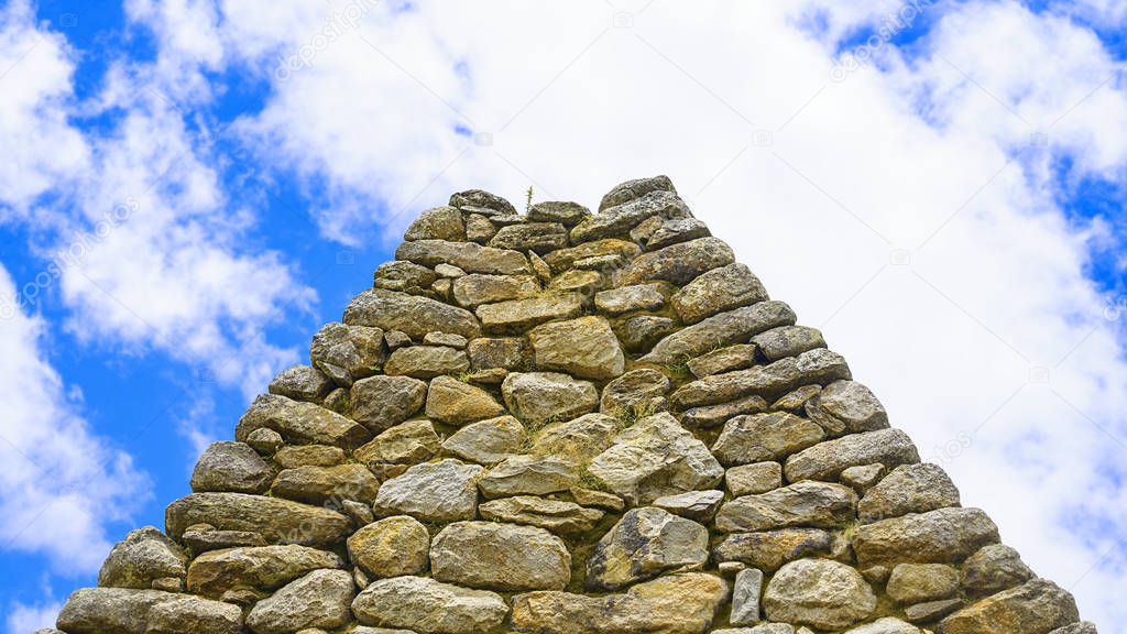 Famouse stones of Machu Picchu, one of the New Seven Wonder of The World, Cusco Region Peru, Urubamba Province, Latin America and blue sky. Selective focus,