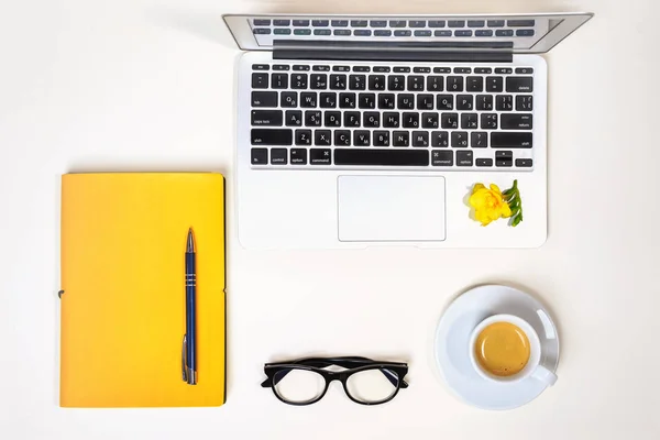 Bayan ev ofis büro. Çalışma alanı ile laptop, bilgisayar, sarı defter, moda gözlük, fincan kahve ve beyaz arka plan üzerinde izole çiçek. Düz yatıyordu. Üstten Görünüm