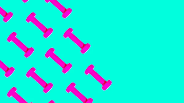 Розовый гантель рисунок на синем фоне с копировальным пространством. Творческая компоновка концепции спортивного тренажера. Стиль фасада, вид сверху, плоская кладка. Копирование пространства — стоковое фото