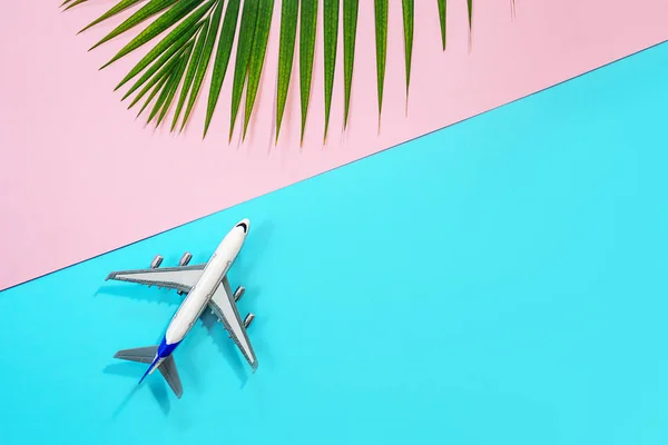 Modelo avión plano o plano y hojas de palma verde tropical sobre fondo rosa y azul . —  Fotos de Stock