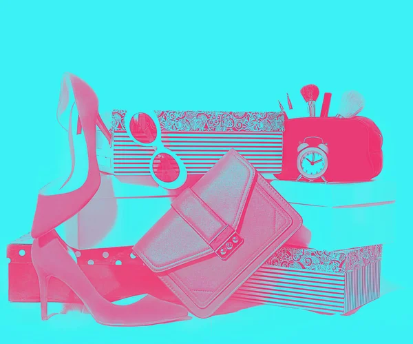 Top view female outfit composition: accessories shoes, handbag clutch, sunglasses, cosmetics makeup, alarm clock on carton boxes on pink purple blue background. Fashion summer layout.