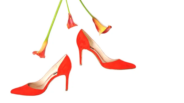 Conjunto de atuendos de lujo de moda de accesorios elegantes femeninos: zapatos rojos y flores en color coral fondo blanco . —  Fotos de Stock