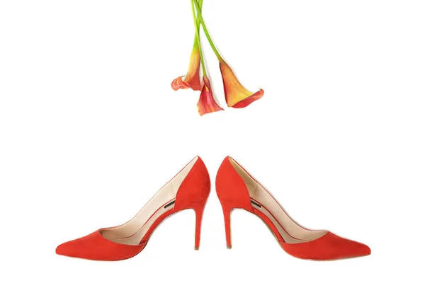 Conjunto de atuendos de lujo de moda de accesorios elegantes femeninos: zapatos rojos y flores en color coral y fondo blanco . —  Fotos de Stock