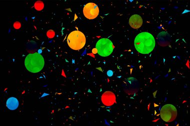 Küreler ile soyut arka plan. Bokeh defokus ışıkları ve gölge ile karanlık arka plan üzerinde çok renkli kabarcıklar.