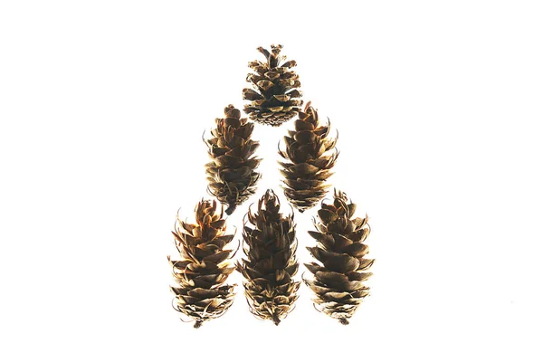 Patrón natural de invierno hecho de conos en forma de árbol de Navidad sobre fondo blanco, aislado . — Foto de Stock