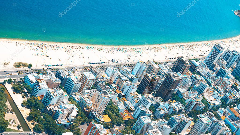 Aerial view of Rio de Janeiro from helicopter: famous Copacabana Beach, Ipanema Beach, Barra da Tijuca Beach. 