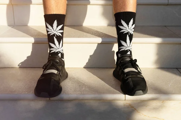 Adultos jóvenes usan calcetines altos con imágenes de hojas de cannabis . Imagen de stock