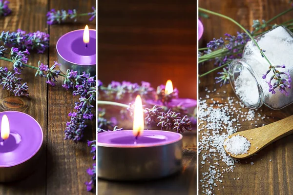 Spa masaż ustawienie z kwiatów lawendy, świece aromatyczne i sól na drewnie Zdjęcie Stockowe