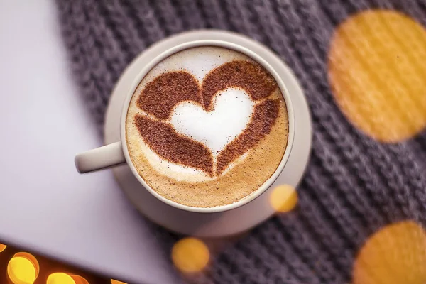 Woman Holding Hot Cup Coffee Heart Shape — Stock Photo, Image