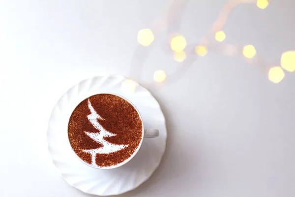 Boże Narodzenie Kawy Wzór Cynamon Choinka Mleczną Piankę — Zdjęcie stockowe