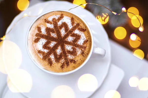 Cappuccino Pattern Snowflakes Cinnamon Milk Foam Christmas Holidays Coffee Christmas — Stock Photo, Image