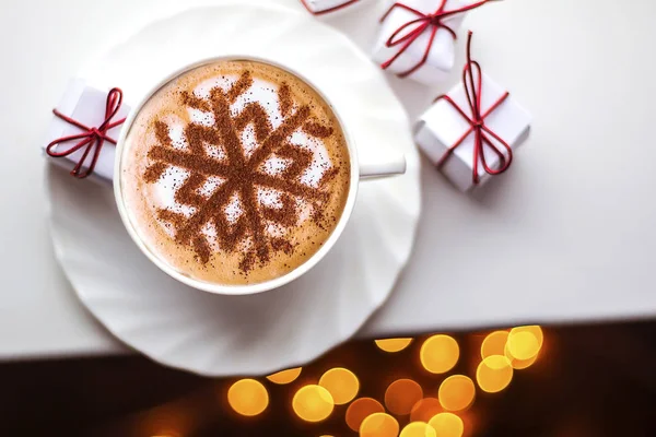 Cappuccino Pattern Snowflakes Cinnamon Milk Foam Christmas Holidays Coffee Christmas — Stock Photo, Image