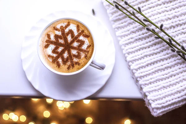 Cappuccino Pattern Snowflakes Cinnamon Milk Foam Christmas Holidays Coffee Christmas — Stock Photo, Image