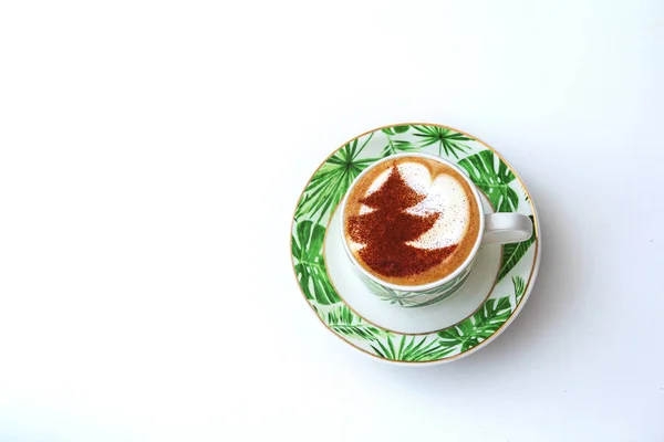 Árvore Natal Desenho Sobre Latte Arte Xícara Café — Fotografia de Stock