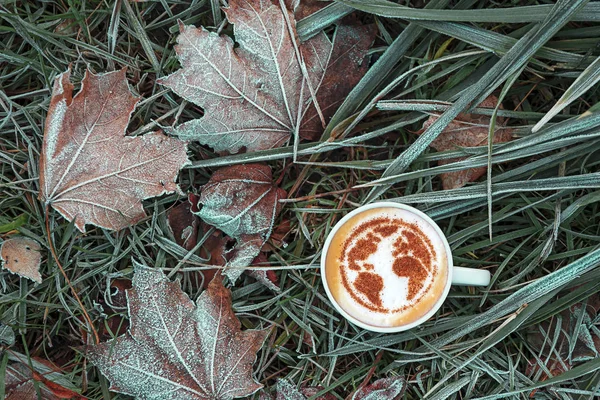 a cup of cappuccino coffee with a pattern of the planet earth made of cinnamon on milk foam