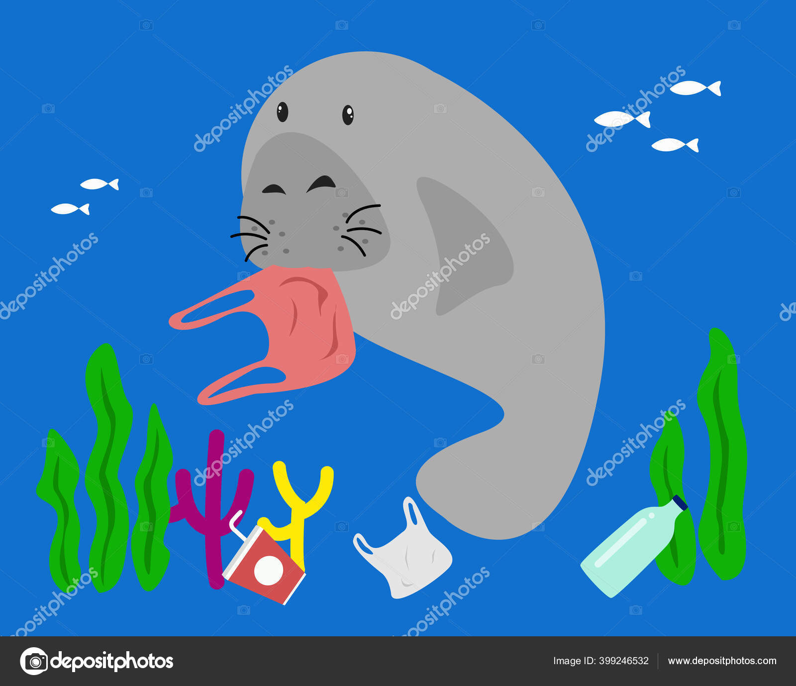 Manatee Eat Plastic Bag Stop Ocean Plastic Pollution Concept Stock Vector  Image by ©Surachet99 #399246532