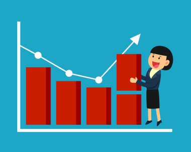 Çubuk grafiği tutan iş kadını, büyüme çizelgesinde başarılı olması için grafiğe koydu. iş kavramı.