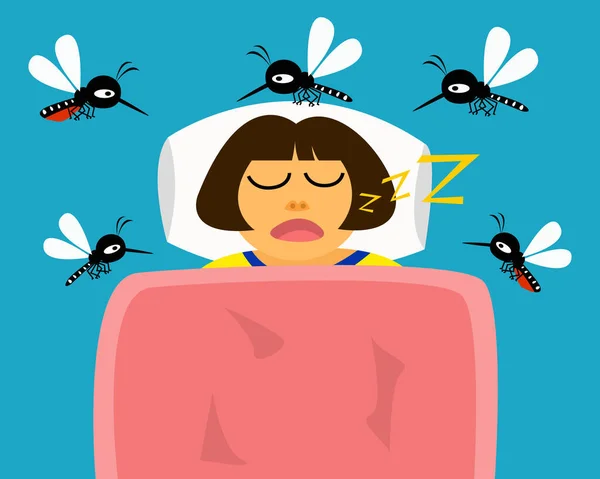 Mückenträger Des Dengue Fiebers Kind Schläft Und Mücken Stechen — Stockvektor