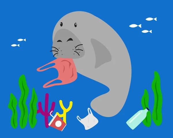 Manaty Jedzą Plastikową Torbę Zatrzymanie Koncepcji Zanieczyszczenia Plastycznego Oceanu — Wektor stockowy