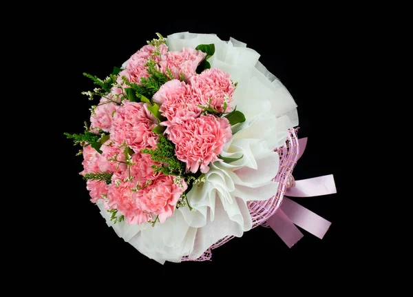 Bouquet Fleurs Oeillet Rose Isolé Sur Fond Noir Bouquet Mariée — Photo