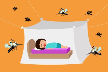 Sivrisinek ağı altında uyuyan çocuk, dang hummasından korunmak için cibinlik, vektör illüstrasyonu.