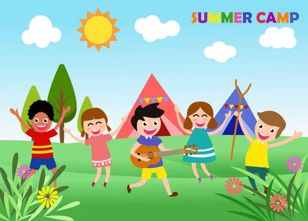 Mutlu çocuklar zıplıyor ve dans ediyor. Vektör illüstrasyon yaz kampı kavramı