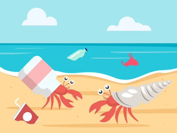 海洋塑料污染概念 有塑料瓶壳的寄居蟹 矢量说明 — 图库矢量图片