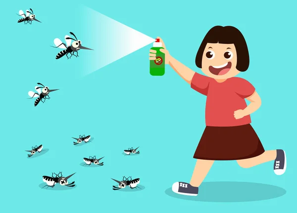 Menina Luta Mosquito Por Spray Conceito Proteção Contra Dengue Ilustração —  Vetores de Stock