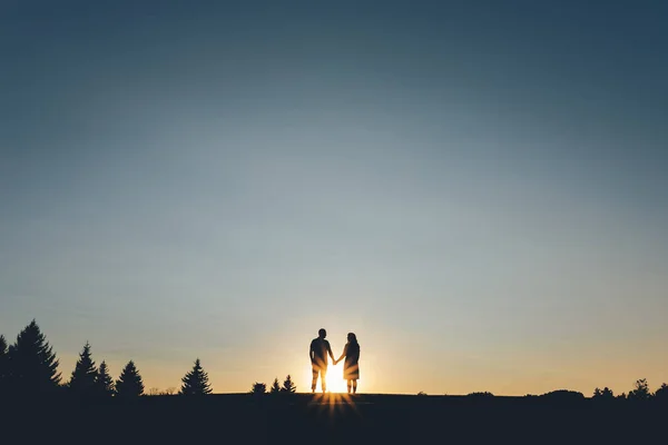 Casal Mãos Dadas Fundo Pôr Sol Quadro Silhueta — Fotografia de Stock