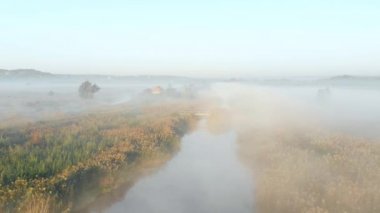 Alanın ortasında puslu bir nehir üzerinde gündoğumu