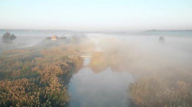 Sabahın erken saatlerinde puslu nehre uçan uçak, çekim