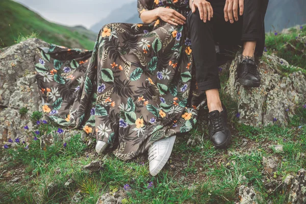 Girl Guy Embracing Sitting Next Stones Body Parts Stock Photo