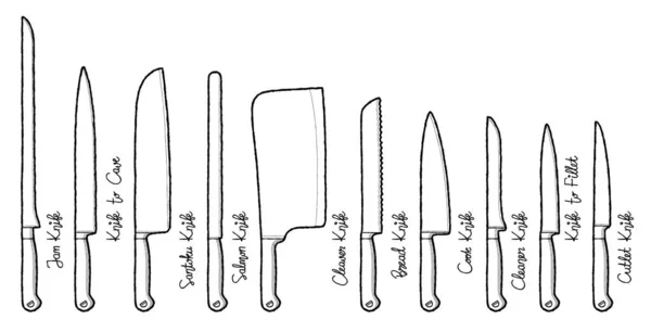 Set Coltelli Cucina Vector Illustrazione Disegnato Mano Cartoon Art — Vettoriale Stock