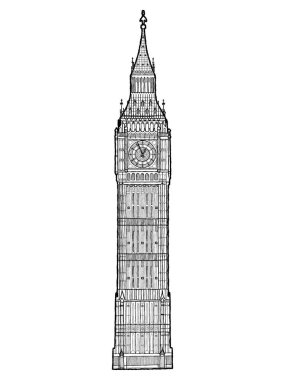 Big Ben,Westminster, Londra, İngiltere, İngiltere: Vektör İllüstrasyon El Çizilmiş Landmark Karikatür Sanat