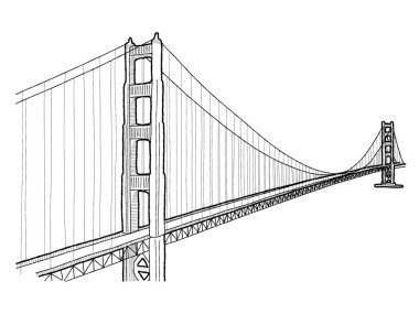 Golden Gate Köprüsü, San Francisco, Kaliforniya ve Marin County, Kaliforniya: Vektör İllüstrasyon El Çizilmiş Landmark Karikatür Sanat